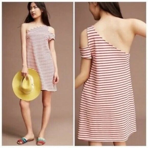 Anthropologie Maeve Marketa Dress Red Stripe One Shoulder - Picture 1 of 11